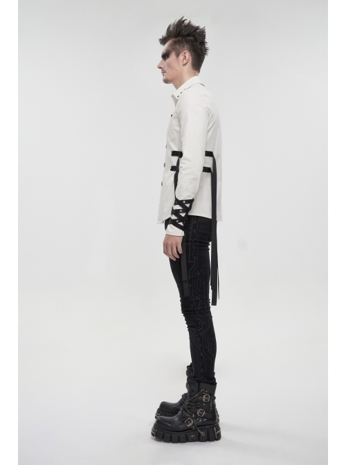 White Punk Nylon Strap Metal Buckle Decoration Long Sleeve Elasticity Thick Shirt