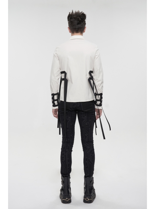 White Punk Nylon Strap Metal Buckle Decoration Long Sleeve Elasticity Thick Shirt