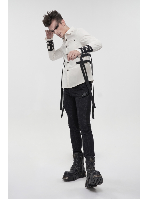 White Punk Nylon Strap Metal Buckle Decoration Long Sleeve Elasticity Thick Shirt