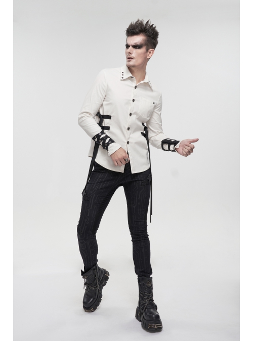 White Punk Nylon Strap Metal Buckle Decoration Long Sleeve Elasticity Thick Shirt