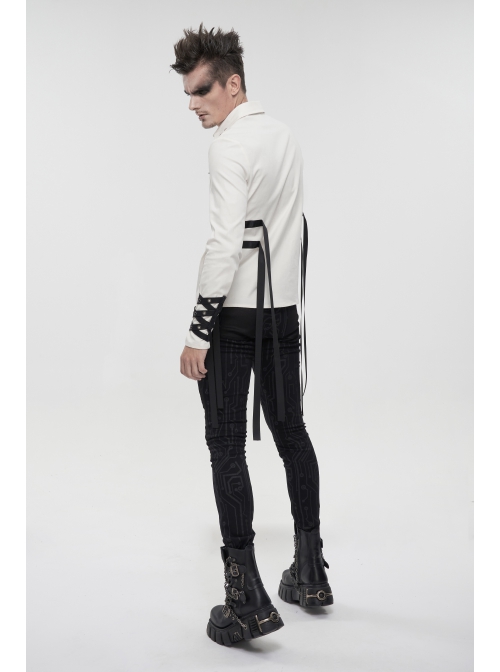 White Punk Nylon Strap Metal Buckle Decoration Long Sleeve Elasticity Thick Shirt