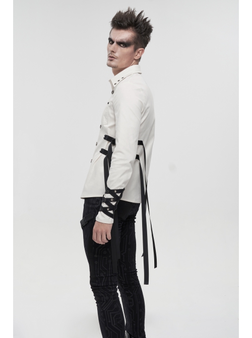 White Punk Nylon Strap Metal Buckle Decoration Long Sleeve Elasticity Thick Shirt