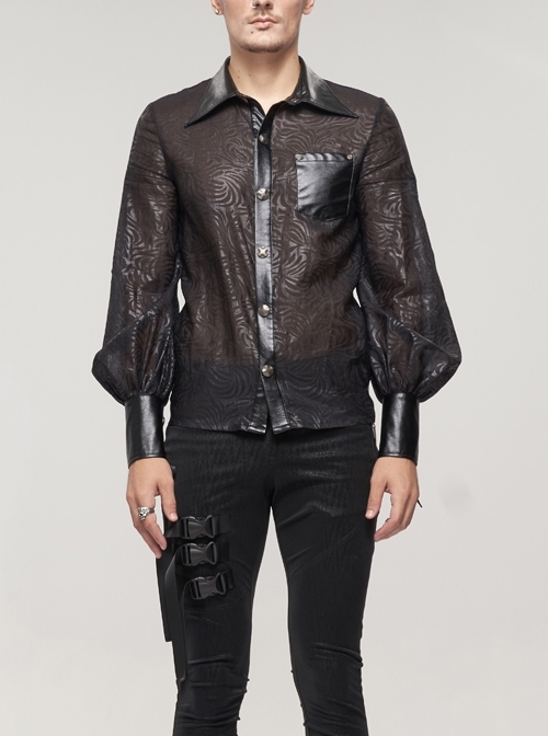 Vertical Pattern Printing Punk Cuff Drawstring Decoration See-Through Black Shirt
