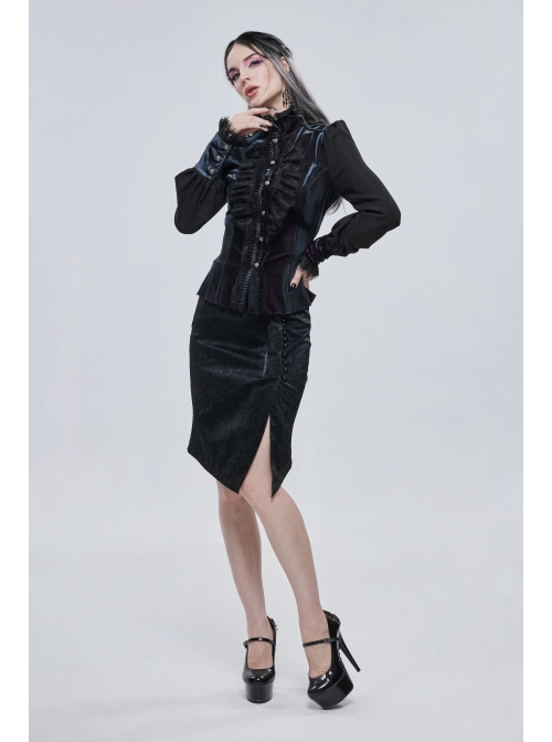 Gothic Pattern Leather Button Decoration Slim-Fitting Black Hip Skirt