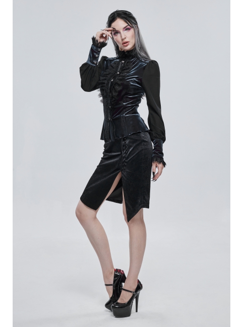 Gothic Pattern Leather Button Decoration Slim-Fitting Black Hip Skirt