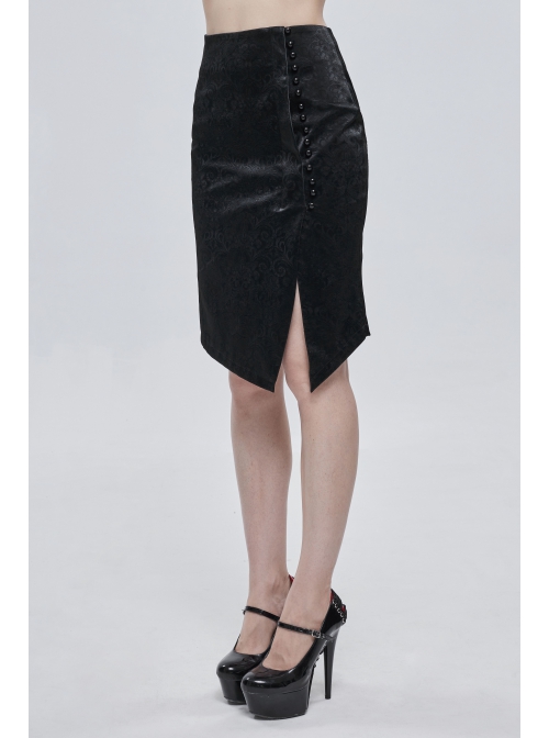 Gothic Pattern Leather Button Decoration Slim-Fitting Black Hip Skirt