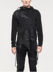 Gothic Metal Grommets With Drawstring Design Irregular Plush Fabric Distressed Black Sweater