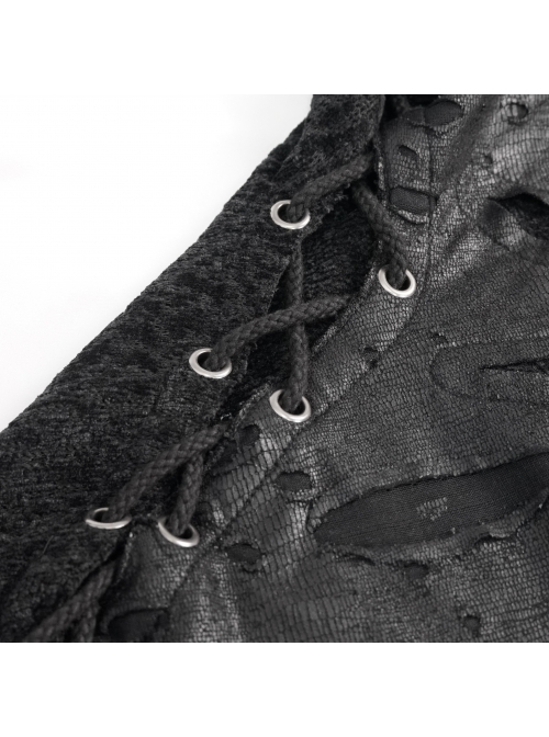 Gothic Metal Grommets With Drawstring Design Irregular Plush Fabric Distressed Black Sweater