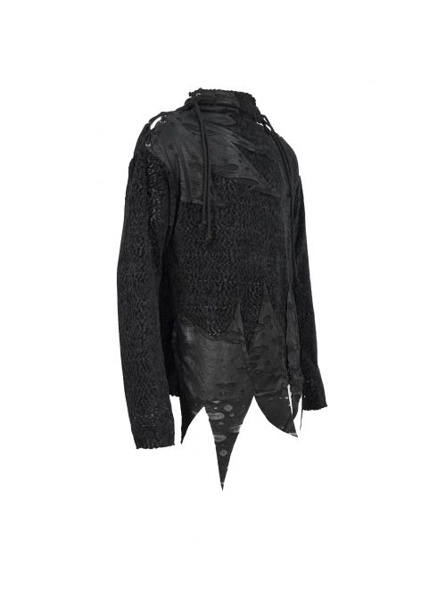 Gothic Metal Grommets With Drawstring Design Irregular Plush Fabric Distressed Black Sweater