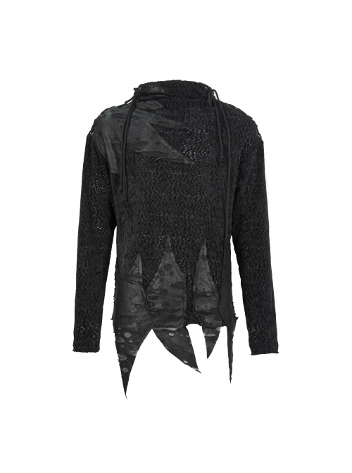 Gothic Metal Grommets With Drawstring Design Irregular Plush Fabric Distressed Black Sweater