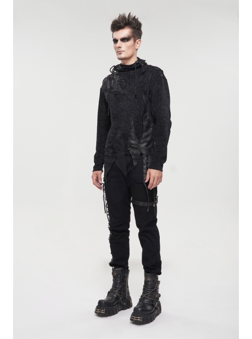 Gothic Metal Grommets With Drawstring Design Irregular Plush Fabric Distressed Black Sweater