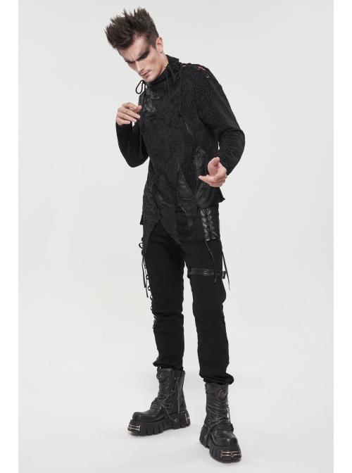Gothic Metal Grommets With Drawstring Design Irregular Plush Fabric Distressed Black Sweater