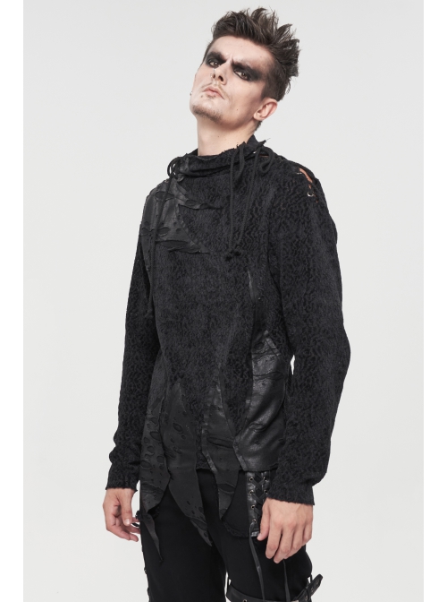 Gothic Metal Grommets With Drawstring Design Irregular Plush Fabric Distressed Black Sweater
