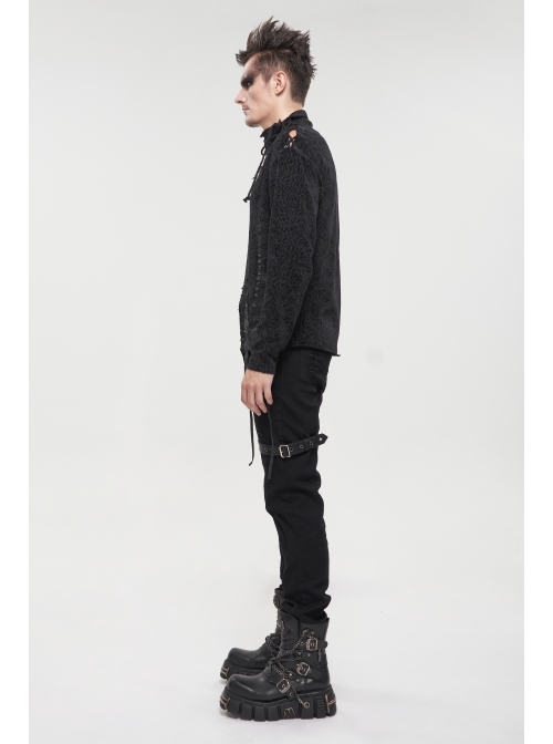 Gothic Metal Grommets With Drawstring Design Irregular Plush Fabric Distressed Black Sweater