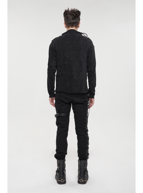 Gothic Metal Grommets With Drawstring Design Irregular Plush Fabric Distressed Black Sweater