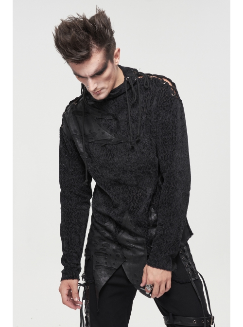 Gothic Metal Grommets With Drawstring Design Irregular Plush Fabric Distressed Black Sweater