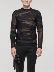 Gothic Bandage Design Net Yarn Perspective Male Black Sweater
