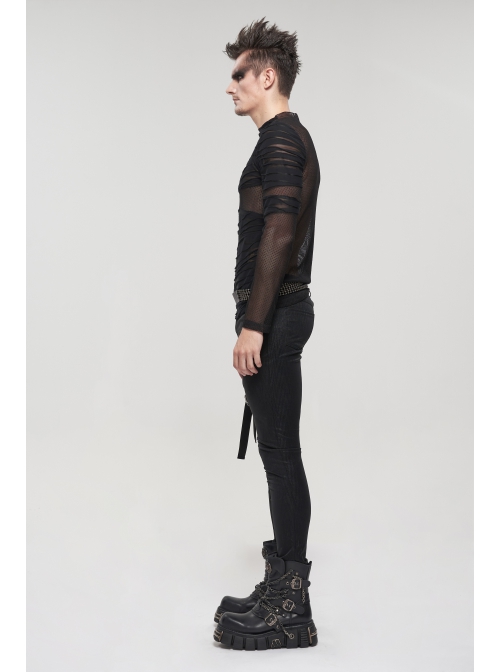 Gothic Bandage Design Net Yarn Perspective Male Black Sweater