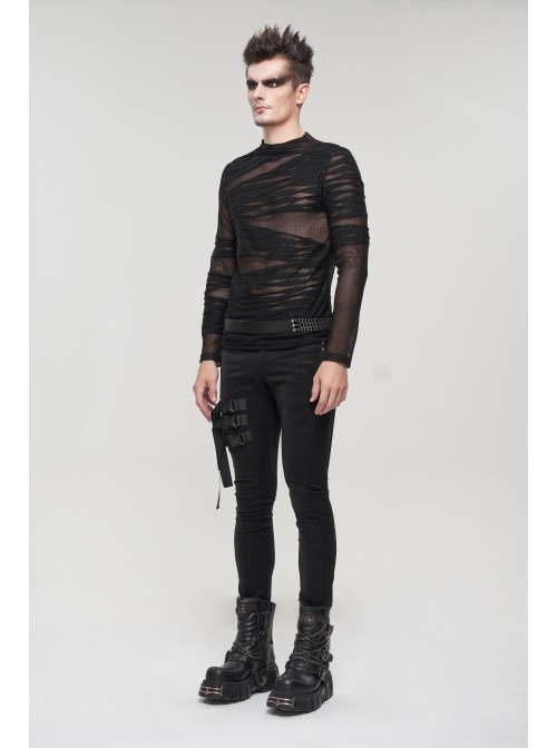 Gothic Bandage Design Net Yarn Perspective Male Black Sweater
