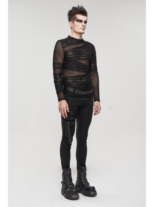 Gothic Bandage Design Net Yarn Perspective Male Black Sweater