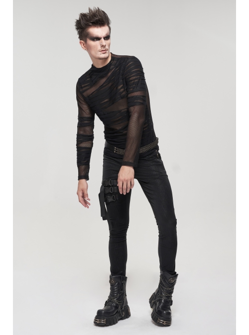 Gothic Bandage Design Net Yarn Perspective Male Black Sweater