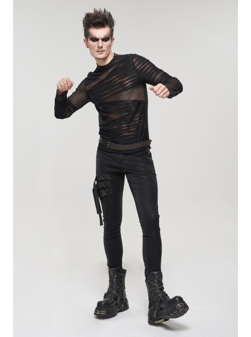 Gothic Bandage Design Net Yarn Perspective Male Black Sweater