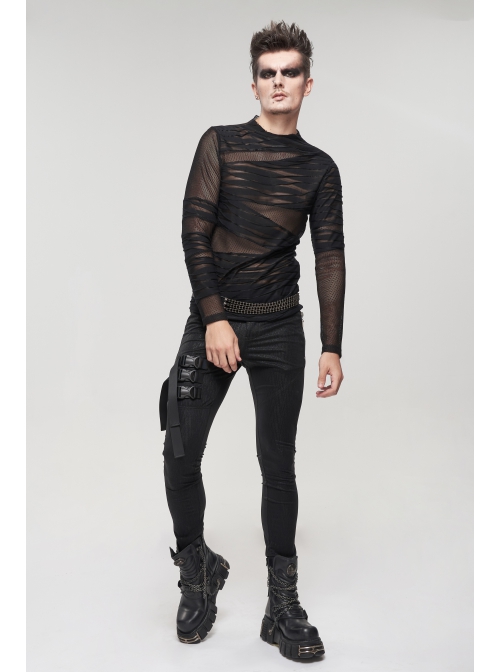 Gothic Bandage Design Net Yarn Perspective Male Black Sweater