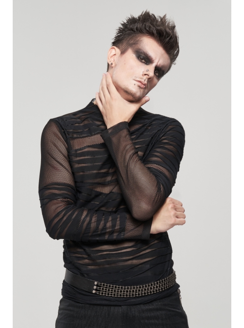 Gothic Bandage Design Net Yarn Perspective Male Black Sweater