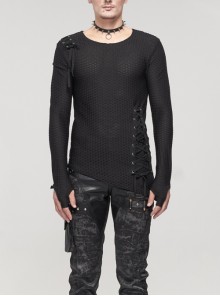 Gothic Asymmetry Drawstring Decoration Coarse Net Male Black T-shirt