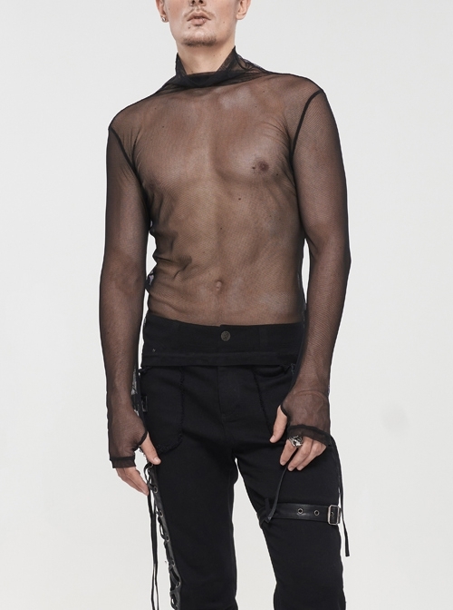 Gothic Elasticity Perspective Rhombus Net Yarn Male Black T-shirt