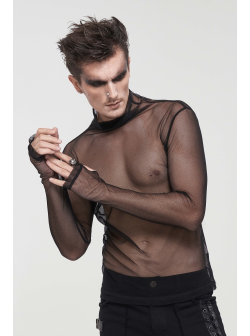 Gothic Elasticity Perspective Rhombus Net Yarn Male Black T-shirt
