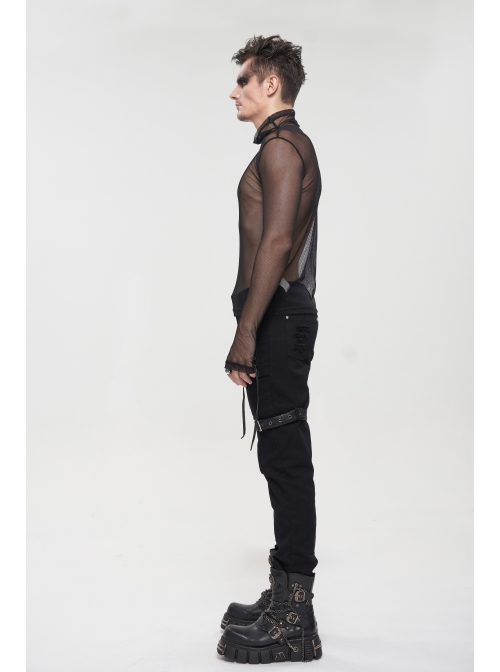 Gothic Elasticity Perspective Rhombus Net Yarn Male Black T-shirt