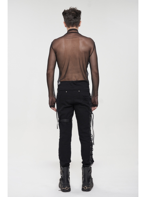 Gothic Elasticity Perspective Rhombus Net Yarn Male Black T-shirt