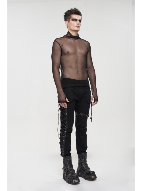 Gothic Elasticity Perspective Rhombus Net Yarn Male Black T-shirt