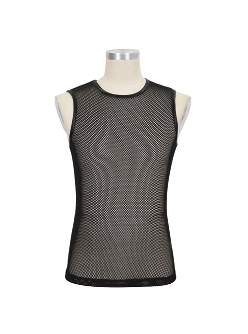 Gothic Elasticity Perspective Rhombus Net Yarn Male Black Sleeveless T-shirt