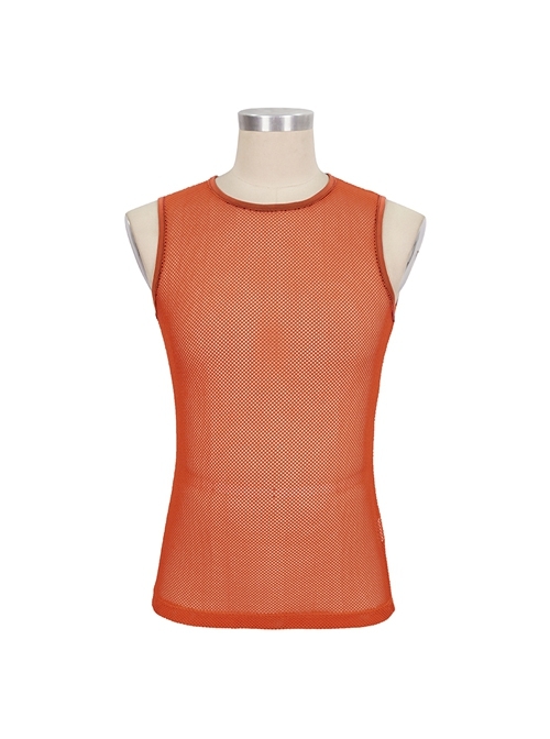 Gothic Elasticity Perspective Rhombus Net Yarn Male Orange Sleeveless T-shirt