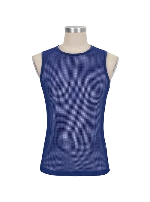 Gothic Elasticity Perspective Rhombus Net Yarn Male Blue Sleeveless T-shirt