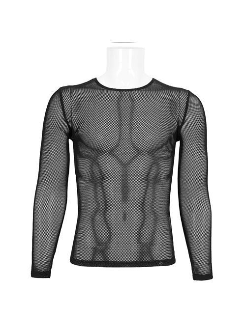 Black Elasticity High neck Long Sleeve Gothic Mesh T-shirt