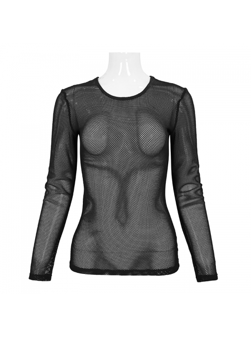 Black Elasticity High neck Long Sleeve Gothic Mesh T-shirt