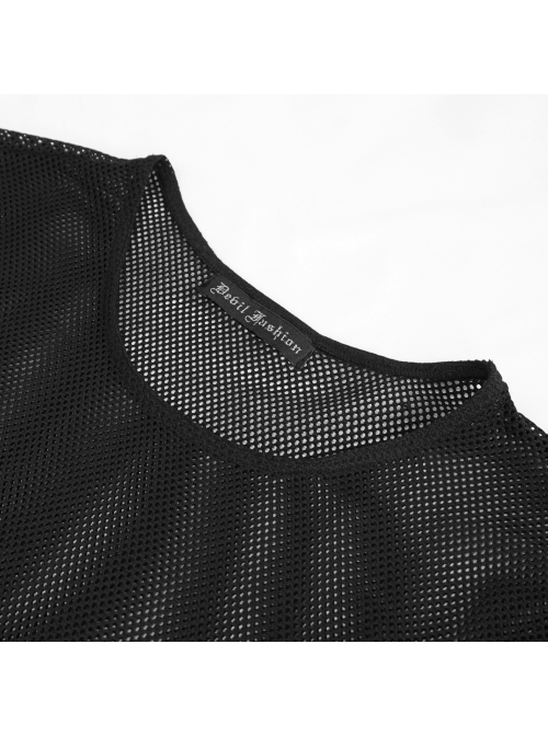 Black Elasticity High neck Long Sleeve Gothic Mesh T-shirt