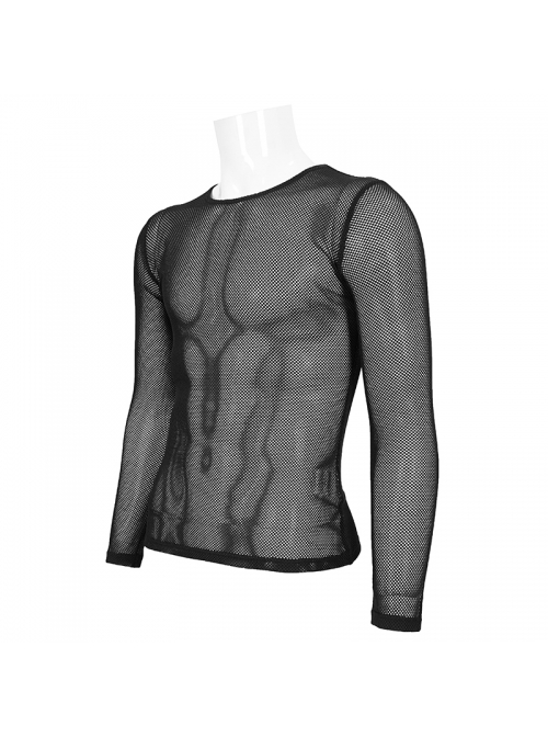 Black Elasticity High neck Long Sleeve Gothic Mesh T-shirt