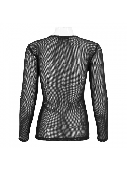 Black Elasticity High neck Long Sleeve Gothic Mesh T-shirt