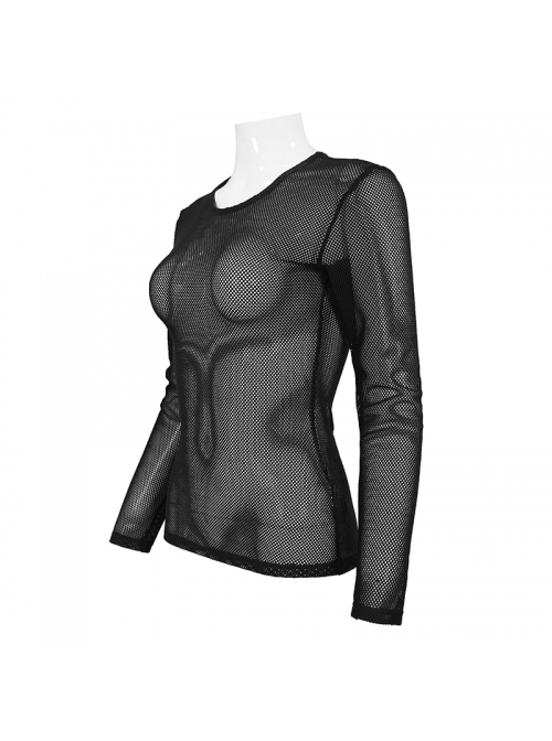 Black Elasticity High neck Long Sleeve Gothic Mesh T-shirt