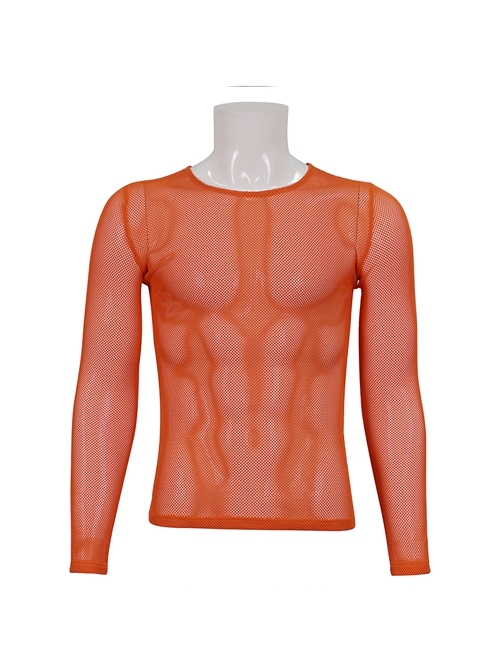 Orange Elasticity High neck Long Sleeve Gothic Mesh T-shirt