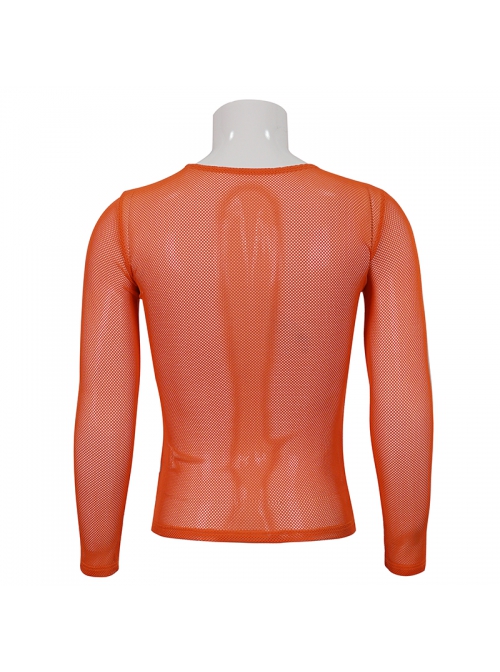 Orange Elasticity High neck Long Sleeve Gothic Mesh T-shirt