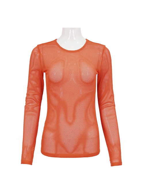 Orange Elasticity High neck Long Sleeve Gothic Mesh T-shirt