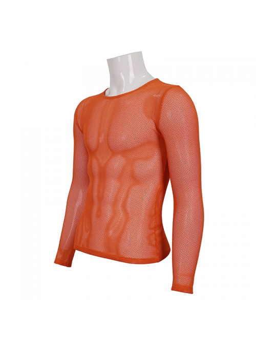 Orange Elasticity High neck Long Sleeve Gothic Mesh T-shirt