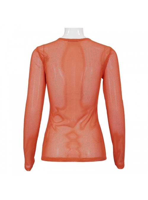 Orange Elasticity High neck Long Sleeve Gothic Mesh T-shirt