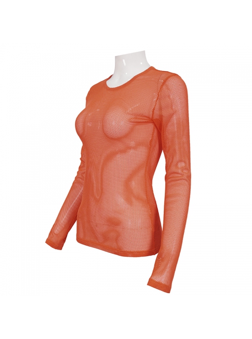 Orange Elasticity High neck Long Sleeve Gothic Mesh T-shirt