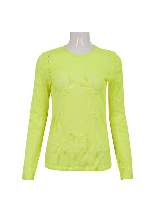 Yellow Elasticity High neck Long Sleeve Gothic Mesh T-shirt